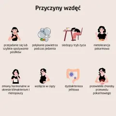Ilustracja pokazuje przyczyny wzdęć: jedzenie wzdymających produktów, przejadanie się, połykanie powietrza, siedzący tryb życia, nietolerancję pokarmową, stres, wahania hormonalne, wzdęcia w ciąży, dysbakteriozę jelitową, choroby przewodu pokarmowego i...
