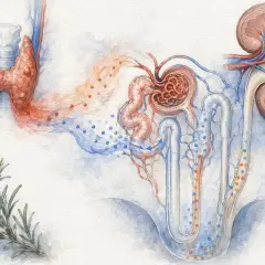 Ilustracja przedstawia przytarczyce i nerkę, pokazując przepływ substancji, w tym wapnia, kluczowego dla działania parathormonu.