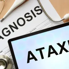Stetoskop, termometr i okulary na papierze z napisem "DIAGNOSIS". Na ekranie tabletu widnieje słowo "ATAXIA", sugerujące diagnozę.