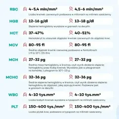 Tabela wyników badań krwi. MCV (średnia objętość krwinki czerwonej) mieści się w normie 80-95 fl.