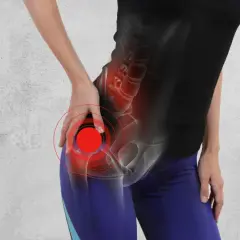 Ból biodra z powodu koksartrozy, zaznaczony czerwonymi kręgami.