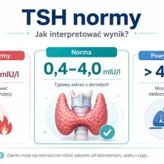 Grafika przedstawia normy TSH: poniżej normy (<0,4 mIU/I) sugeruje nadczynność, norma (0,4-4,0 mIU/I) to prawidłowy zakres, a powyżej normy (>4,0 mIU/I) może oznaczać niedoczynność tarczycy.