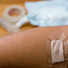 Plaster na skórze, pod nim widoczna drobna ziarnina. W tle strzykawka i taśma medyczna.