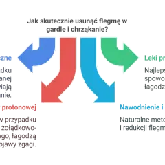 Diagram przedstawia metody walki z flegmą w gardle: leki mukolityczne, inhibitory pompy protonowej, leki przeciwhistaminowe oraz nawodnienie i dieta.