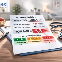 Wynik badania HOMA-IR wskazuje na podwyższoną insulinooporność. Na stole leżą glukometr, leki i owoce.