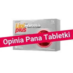 Opakowanie suplementu diety Lipiforma plus z monakoliną K. Na czerwonym tle napis "Opinia Pana Tabletki".