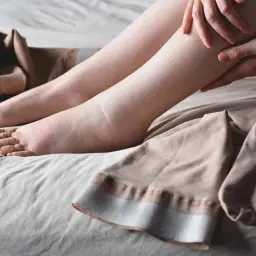 Widoczne opuchnięte kostki i nogi, obok leżą pończochy uciskowe.