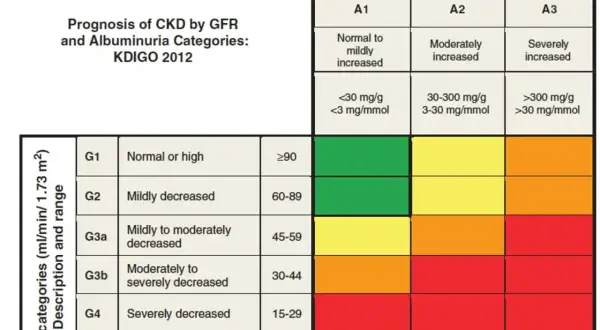 Tabela KDIGO 2012: prognoza PChN wg GFR i albuminurii. Badanie GFR jest kluczowe.