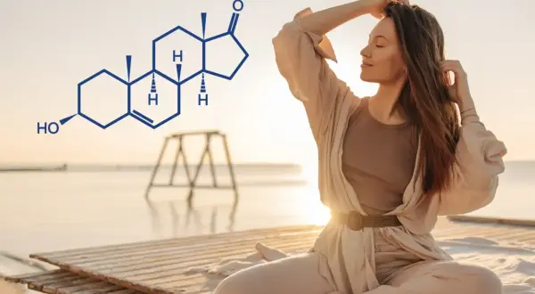 Kobieta medytuje na plaży, obok niej wzór chemiczny DHEA SO4.