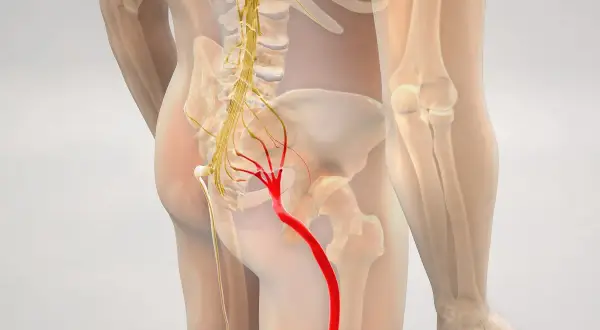 Anatomical illustration showing the sciatic nerve (nerw kulszowy) in red, originating from the lower spine and extending down the leg.