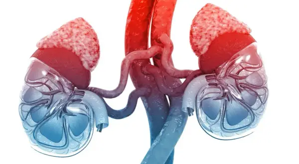 Anatomia nerek z widocznymi naczyniami krwionośnymi i nadnerczami.