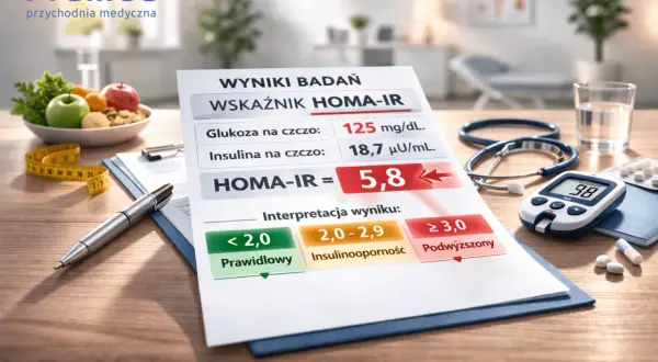 Wynik badania HOMA-IR wskazuje na podwyższoną insulinooporność. Na stole leżą glukometr, leki i owoce.