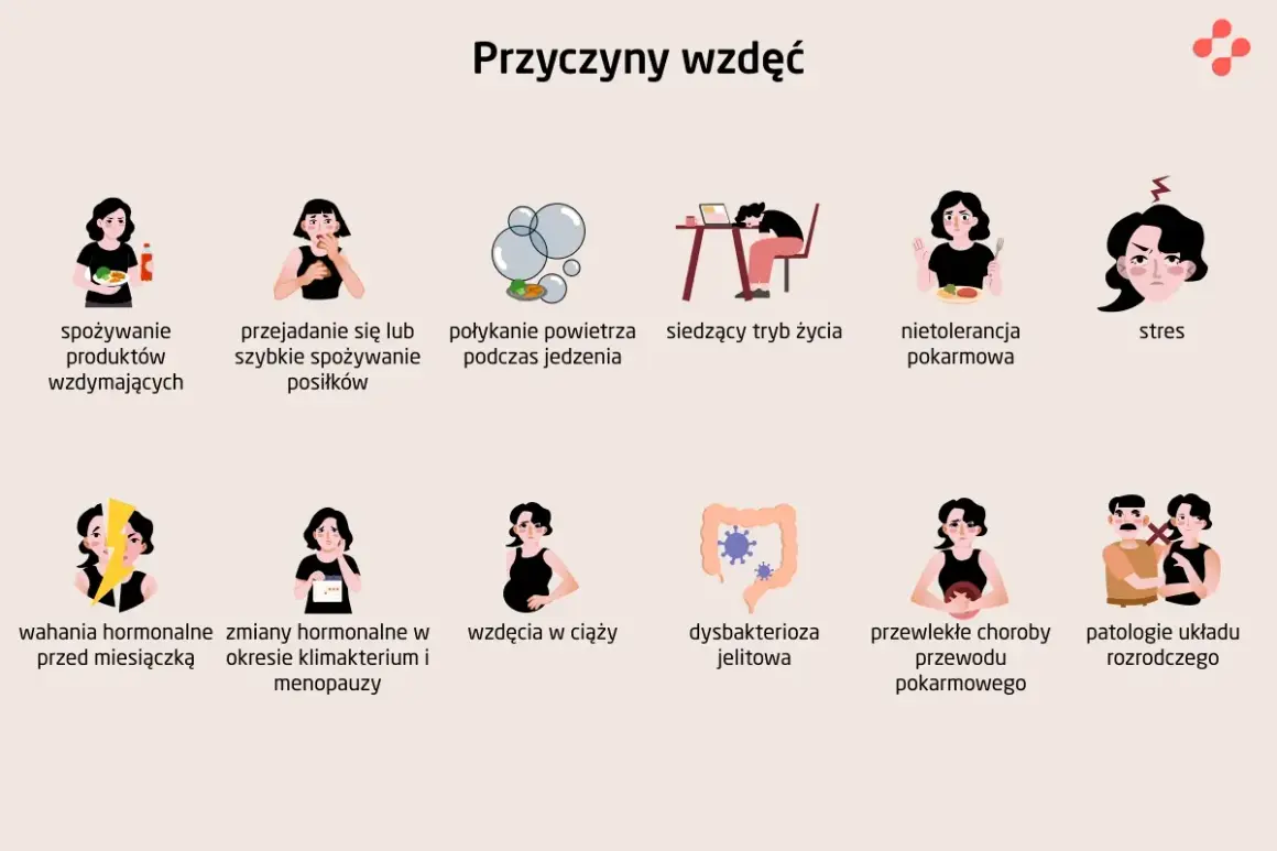 Ilustracja pokazuje przyczyny wzdęć: jedzenie wzdymających produktów, przejadanie się, połykanie powietrza, siedzący tryb życia, nietolerancję pokarmową, stres, wahania hormonalne, wzdęcia w ciąży, dysbakteriozę jelitową, choroby przewodu pokarmowego i...