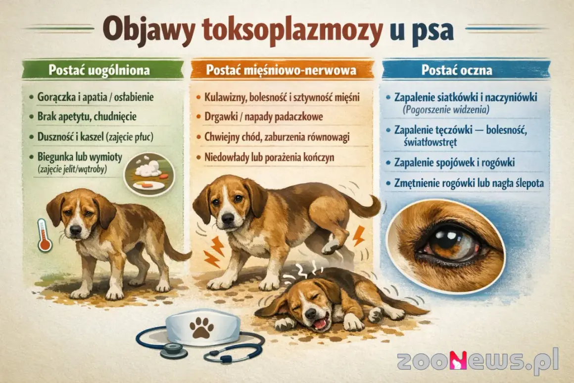 Objawy toksoplazmozy u psa: gorączka, apatia, brak apetytu, duszności, biegunka, kulawizny, drgawki, problemy z widzeniem.
