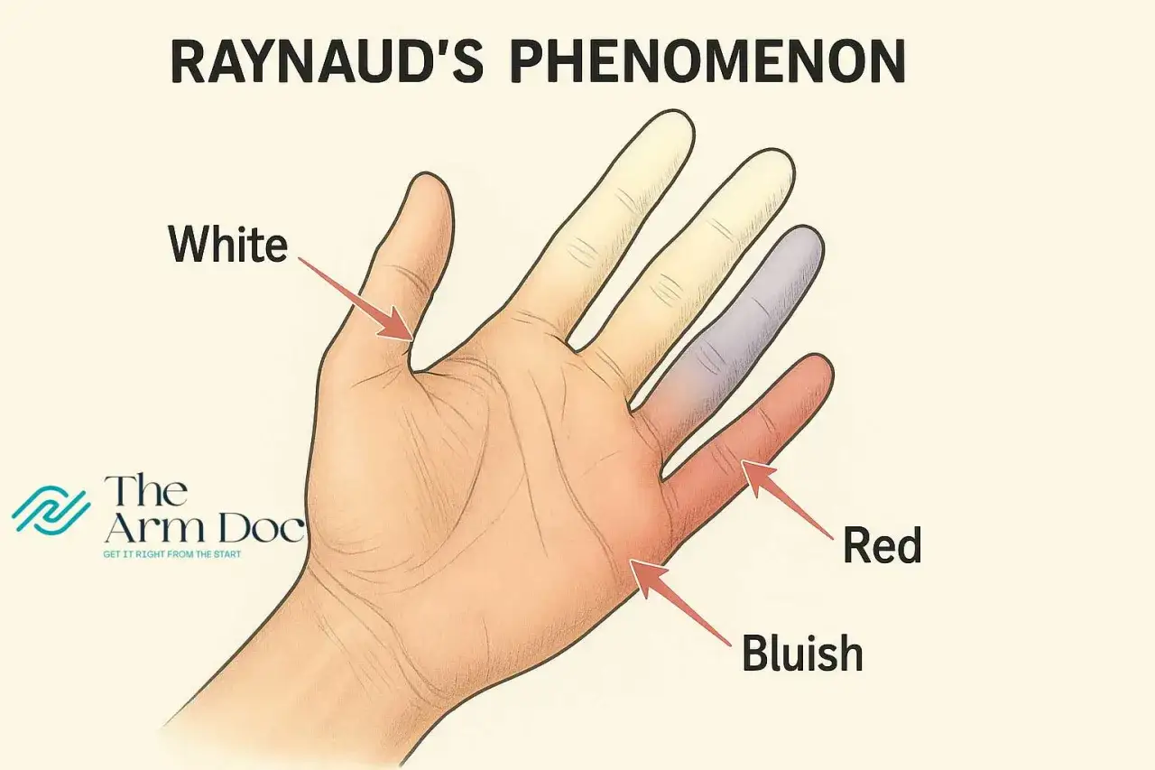 Dłoń z objawem Raynauda: palce białe, sine i czerwone. Ilustracja pokazuje zmiany koloru palców dłoni, charakterystyczne dla objawu Raynauda.