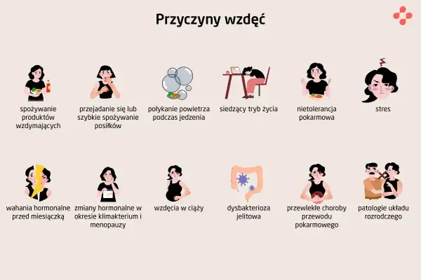 Ilustracja pokazuje przyczyny wzdęć: jedzenie wzdymających produktów, przejadanie się, połykanie powietrza, siedzący tryb życia, nietolerancję pokarmową, stres, wahania hormonalne, wzdęcia w ciąży, dysbakteriozę jelitową, choroby przewodu pokarmowego i...