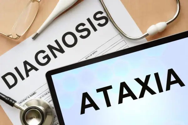 Stetoskop, termometr i okulary na papierze z napisem "DIAGNOSIS". Na ekranie tabletu widnieje słowo "ATAXIA", sugerujące diagnozę.