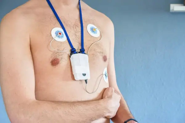Mężczyzna z przyklejonymi elektrodami i urządzeniem holter ekg na klatce piersiowej, monitorującym pracę serca.