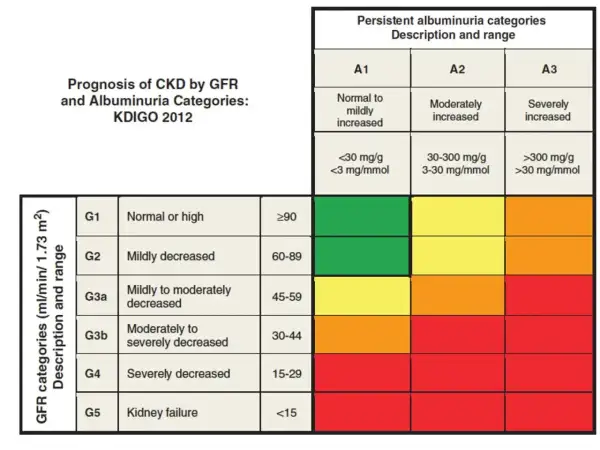 Tabela KDIGO 2012: prognoza PChN wg GFR i albuminurii. Badanie GFR jest kluczowe.