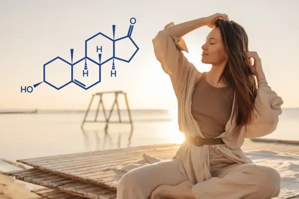 Kobieta medytuje na plaży, obok niej wzór chemiczny DHEA SO4.