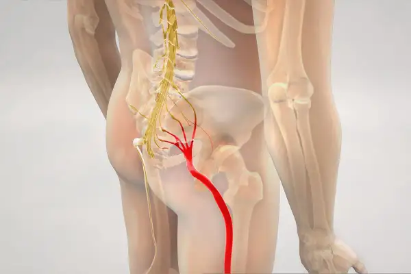 Anatomical illustration showing the sciatic nerve (nerw kulszowy) in red, originating from the lower spine and extending down the leg.