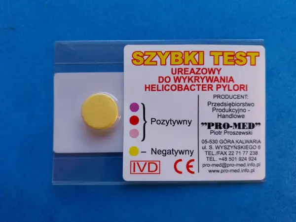 Szybki test ureazowy do wykrywania Helicobacter pylori. Pozytywny wynik to zmiana koloru na czerwony, negatywny na żółty.
