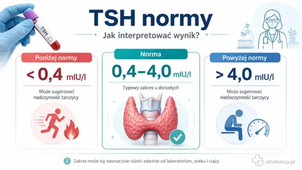 Grafika przedstawia normy TSH: poniżej normy (<0,4 mIU/I) sugeruje nadczynność, norma (0,4-4,0 mIU/I) to prawidłowy zakres, a powyżej normy (>4,0 mIU/I) może oznaczać niedoczynność tarczycy.