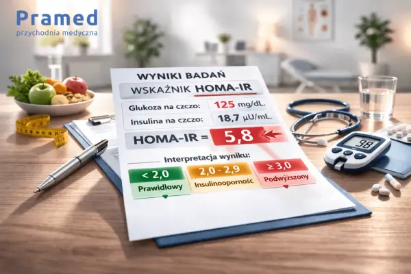 Wynik badania HOMA-IR wskazuje na podwyższoną insulinooporność. Na stole leżą glukometr, leki i owoce.